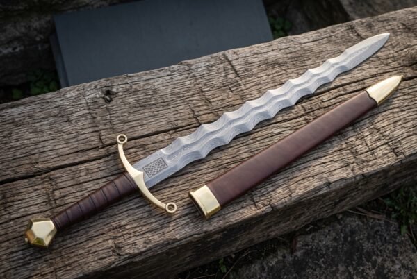 Damascus flamberge sword with a wavy pattern welded blade and brass ring guard lying on split timber beside its brown leather scabbard with brass mounts.