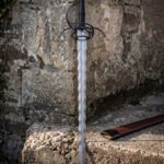Nightflame Hand Forged Damascus Flame Bladed Sword with Blackened Swept Hilt & Knuckle Bow | About 40 Inches Overall | Ribbed Grip and Brown Scabbard | Display Gift | RK-2206