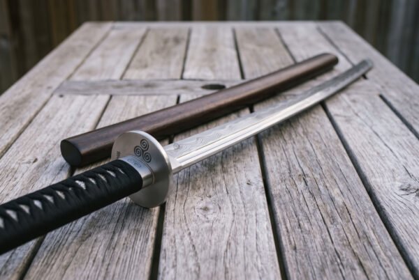 Damascus katana sword lying on weathered decking beside its dark hardwood saya, the triple spiral guard and grooved layered blade catching low afternoon light