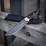 Ebonknot Hand Forged Damascus Tanto Knife with Etched Celtic Knotwork | Black Scales, Brass Bolster and Leather Lanyard | Black Leather Belt Sheath | Hunting Gift | RK-2077