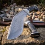 Damascus kukri knife with black scales, close view of the handle and steel butt cap alongside the patterned blade on a stone wall