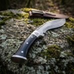 Damascus kukri knife with buffalo horn handle and steel bolster, handle in the foreground on a mossy boulder, sheath with companion knives behind