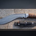 Wolfcurve Hand Forged Damascus Kukri Knife | 17 Inch Overall | Rosewood Scales and Steel Bolster with Etched Wolf, Black Leather Sheath and Two Companion Blades | Hunting Gift | RK-2107