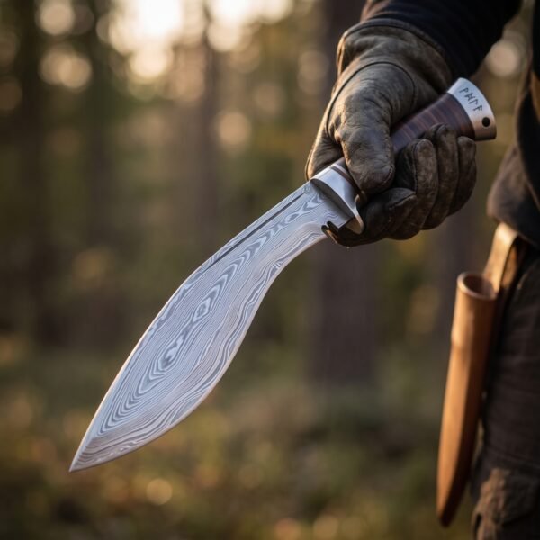 Damascus kukri knife with stacked leather handle and rune engraved steel pommel held in a gloved hand outdoors