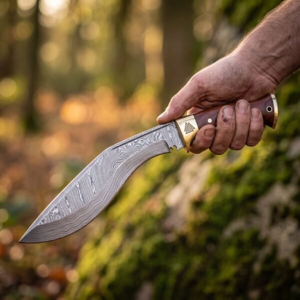 Damascus kukri knife with wooden handle and brass bolster engraved with a Valknut held in a hand in autumn woodland