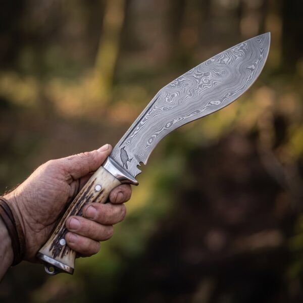 Damascus kukri with stag antler scales and steel bolster held at an angle in one hand against a blurred forest