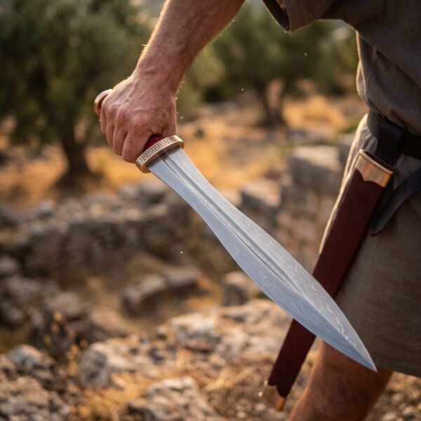 Damascus leaf blade gladius held point down in hand above its oxblood leather scabbard among olive trees at sunset