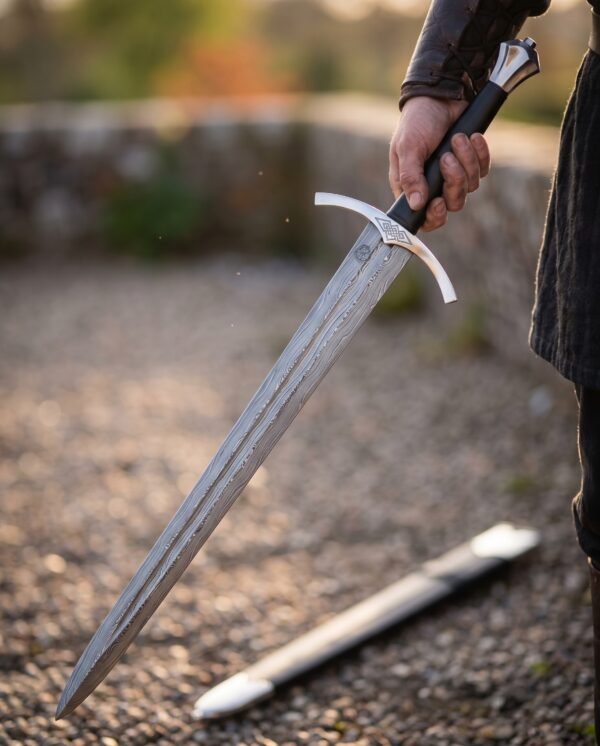 Damascus longsword with downswept guard held point down over gravel with its black scabbard lying behind