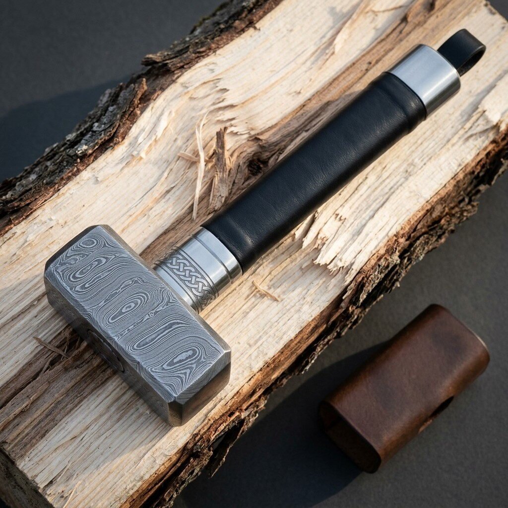 Damascus mjolnir hammer with a bold ladder pattern head, a knotwork engraved steel collar and a black leather wrapped haft, lying on split pale timber