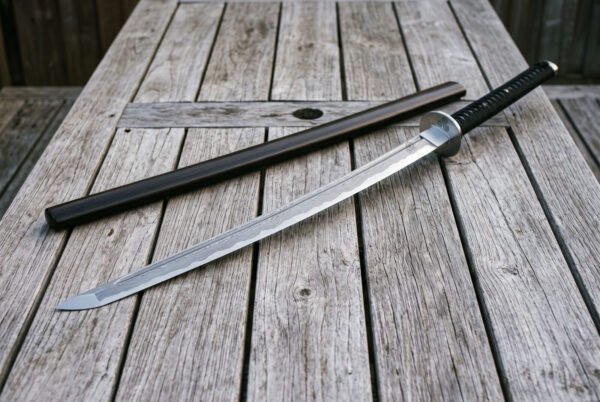 Damascus ninjato sword laid diagonally across weathered deck boards with its straight hardwood saya, showing the angled chisel point and triskele engraved steel guard