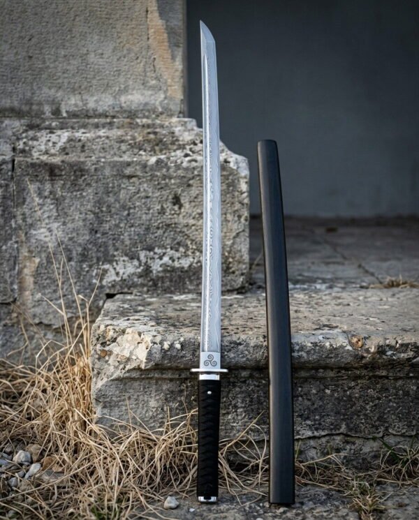 Nightfold Hand Forged Damascus Ninjato Straight Sword | 1095 and 15N20 Pattern Welded Blade | Cord Wrapped Handle and Black Lacquered Scabbard | Martial Arts Gift | RK-1796
