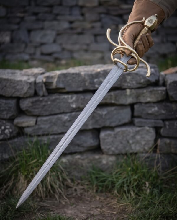 Damascus rapier with brass side rings and knuckle bow held in a gloved hand, point down against a stone wall