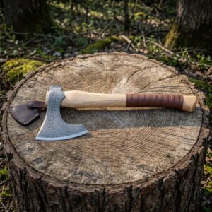 Damascus rune axe with a bearded head bordered in Elder Futhark, a pale ash haft and a leather grip wrap, resting on a cut tree stump in woodland