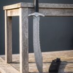 Sawthane Hand Forged Damascus Sawback Sword | 25 Inch Overall Length | Serrated Spine and Knotwork Guard with Black Leather Sheath | Collector Bowie Gift | RK-1923
