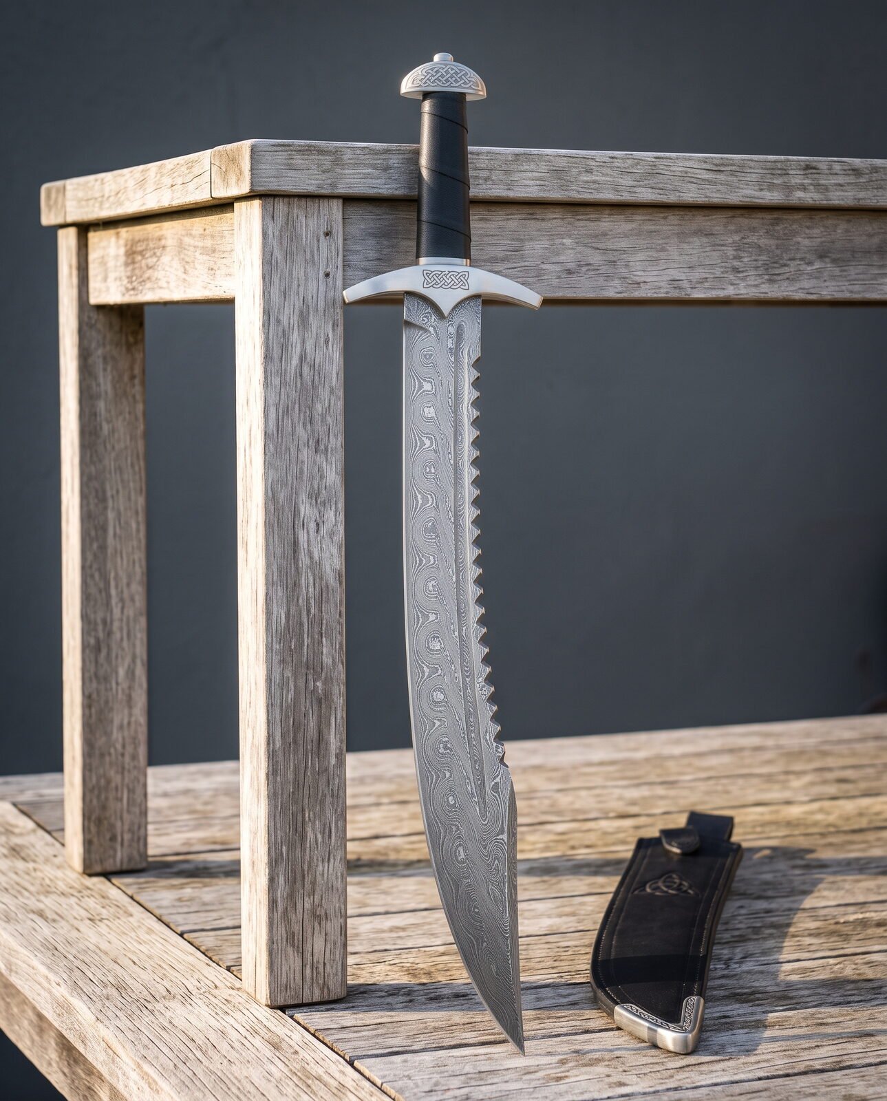 Damascus sawback sword with a serrated spine and curved knotwork guard standing against a weathered timber bench beside Damascus sawback sword with a serrated spine and curved knotwork guard standing against a weathered timber bench beside a black leather sheath with a steel chape