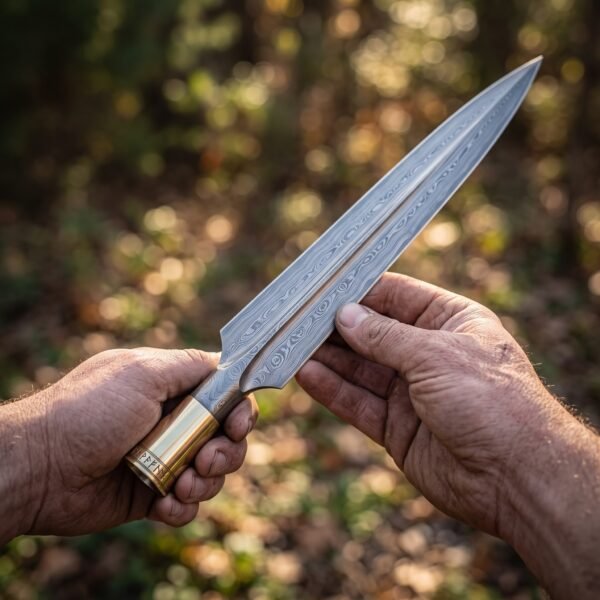 Damascus spearhead with raised midrib and brass collar held in both hands against autumn woodland