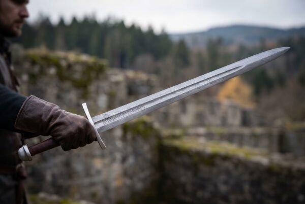 Damascus steel arming sword with a brown leather grip and brazil nut pommel held out by a man on a ruined stone wall, wooded hills behind