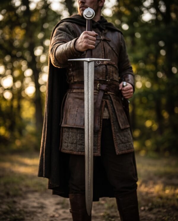 Damascus steel arming sword with a triquetra disc pommel and ring quillon held upright point down by a man in a hooded cloak and leather tunic