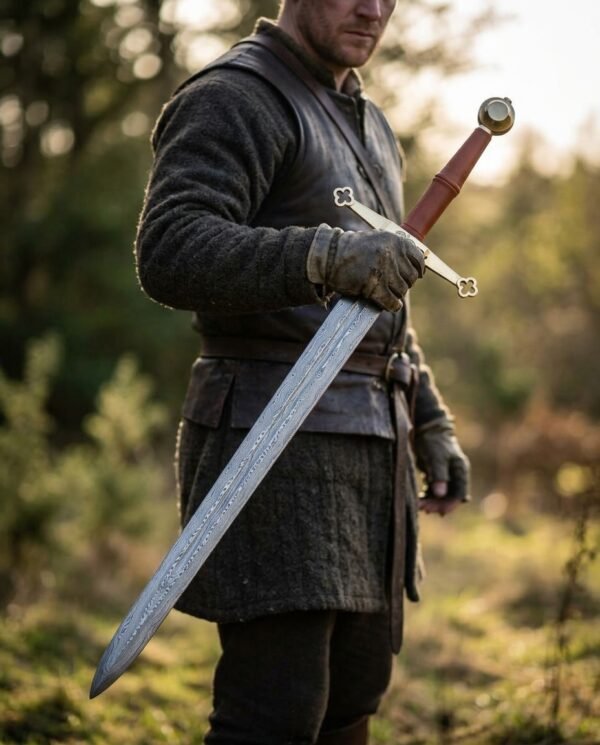 Damascus steel arming sword with brass quatrefoil guard carried point down by a man in a padded jacket outdoors
