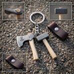 Damascus steel axe and hammer keyring charms with wooden handles on gravel, leather sheath and detail insets of each head