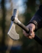 Damascus steel axe showing the flat hammer poll face and engraved cheeks held in a hand in dim woodland