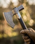 Damascus steel bearded axe head with scroll engraved poll, close up held in a gloved hand against soft forest light