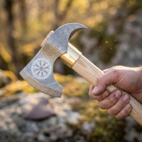 Damascus steel bearded axe with a helm of awe etched cheek, brass collar and pale ash haft held by a hand in sunlit woodland