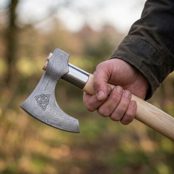 Damascus steel bearded axe with a triquetra engraved cheek, steel collar and pale ash haft held in hand in sunlit woodland