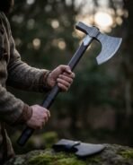 Damascus steel bearded axe with leather wrapped dark haft held in both hands outdoors with its sheath on a mossy rock