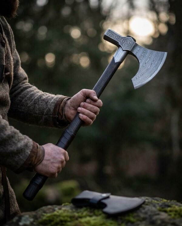 Damascus steel bearded axe with leather wrapped dark haft held in both hands outdoors with its sheath on a mossy rock