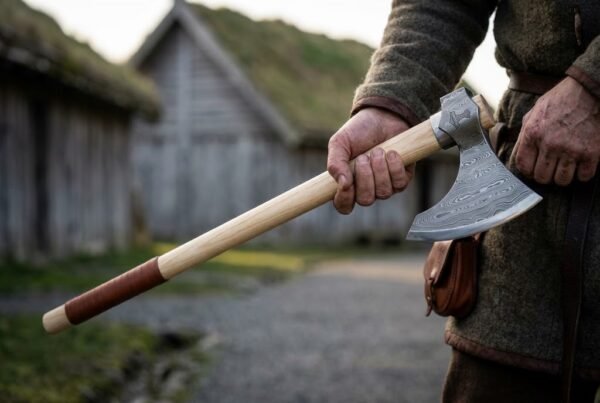 Damascus steel bearded axe with long pale ash haft and red brown leather wrapped butt held in both hands in a Viking village