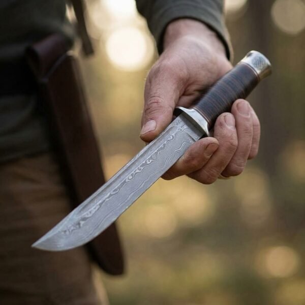 Damascus steel bowie knife with a stacked leather washer handle and engraved pommel cap held in hand in sunlit woods, leather sheath at the belt