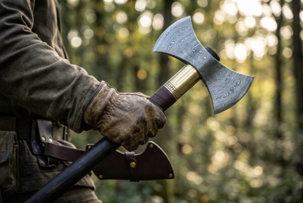 Damascus steel double bit axe head with a brass collar, the dark haft held in a gloved hand with a brown leather sheath hanging from the belt