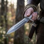 Damascus steel double edged bayonet dagger with fluted steel grip and ring guard drawn beside a leather sheath in a forest