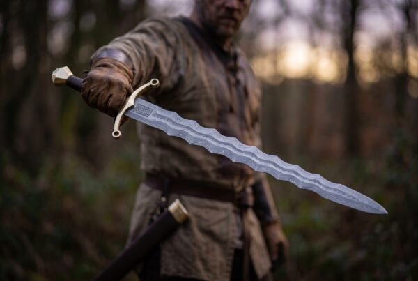 Damascus steel flame blade short sword with brass ring guard and faceted brass pommel held out by a man in a forest