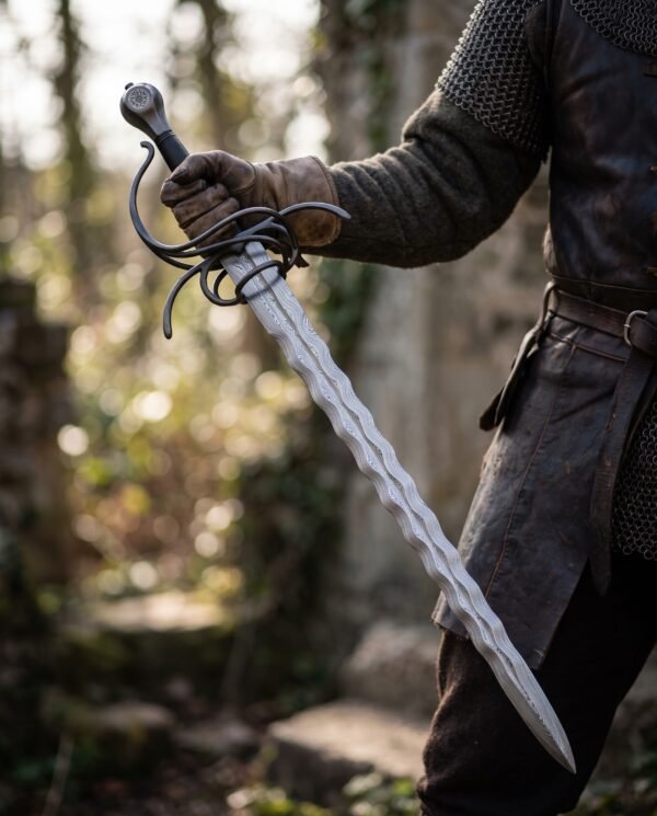 Damascus steel flame bladed sword with blackened swept hilt held point down by a man in mail in old ruins