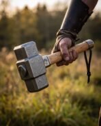 Damascus steel hammer head with an engraved cheek mark, carved ash handle and leather wrist loop, held out in a hand at sunset in a meadow