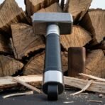 Damascus steel hammer standing upright on its black leather haft in front of split logs and wood chips