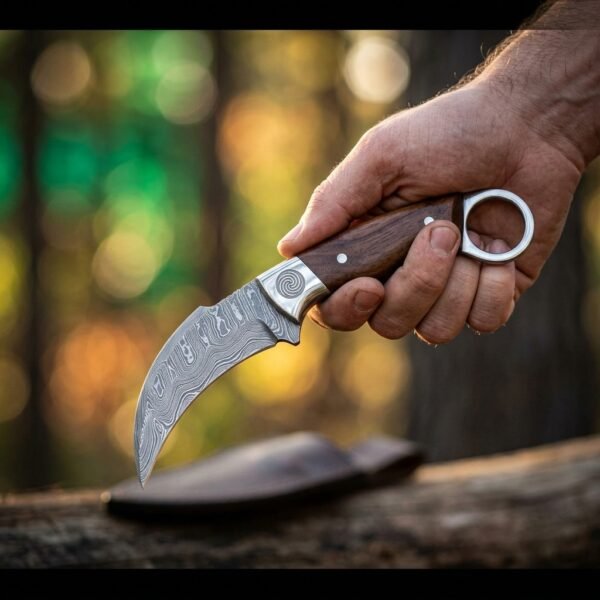 Damascus steel karambit knife with a hooked blade, wood scales, spiral engraved bolster and steel finger ring held in hand