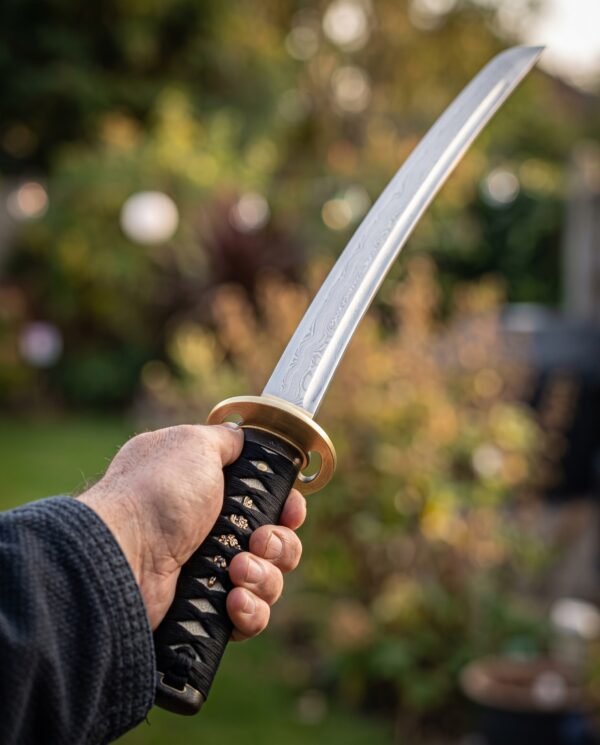 Damascus steel katana with a black ito wrapped tsuka and brass tsuba held up in a hand in a garden with autumn colour behind