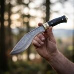 Damascus steel kukri knife with a black horn handle and hammer engraved brass bolster held up in a pine forest at sunset