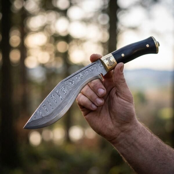 Damascus steel kukri knife with a black horn handle and hammer engraved brass bolster held up in a pine forest at sunset