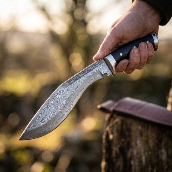 Damascus steel kukri knife with black micarta scales and steel bolster held in hand in woodland, knotwork engraved spine, brown sheath on a stump