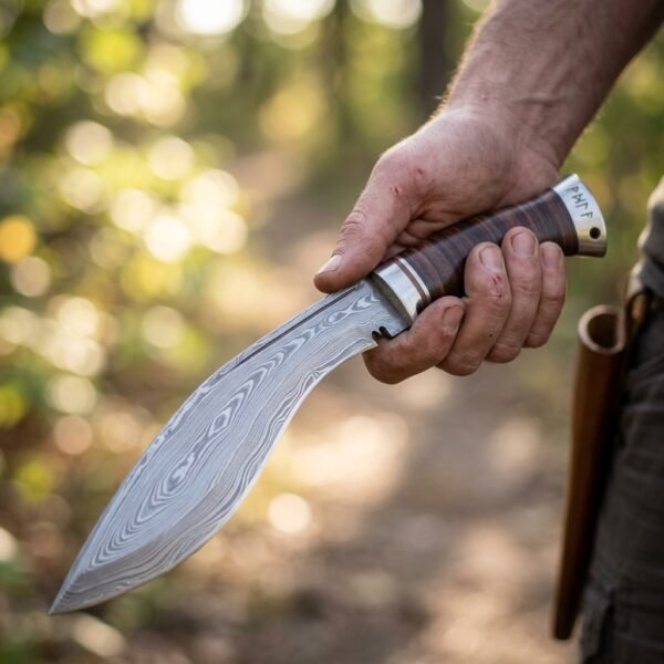 Damascus steel kukri knife with a stacked leather handle and rune etched steel pommel held in hand on a sunlit woodland path, tan sheath at the belt