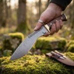Damascus steel kukri knife with walnut scales and brass bolster held point down in woodland, knotwork etched spine, leather sheath on mossy ground