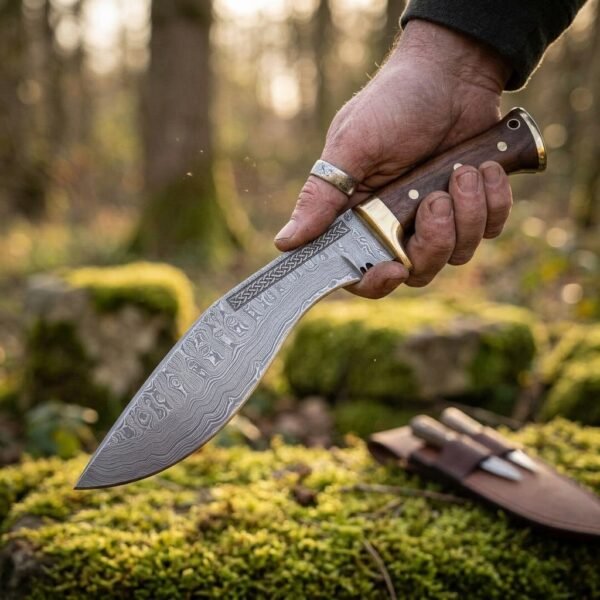 Damascus steel kukri knife with walnut scales and brass bolster held point down in woodland, knotwork etched spine, leather sheath on mossy ground