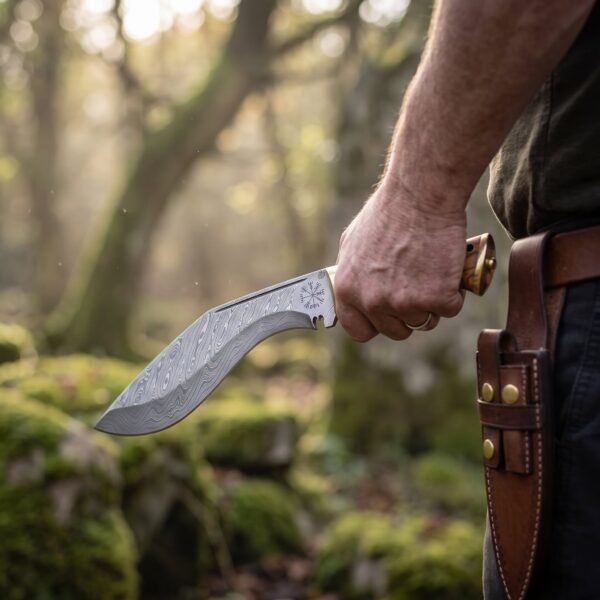 Damascus steel kukri with etched compass stave and wood handle with brass cap drawn from a brown leather sheath in the woods