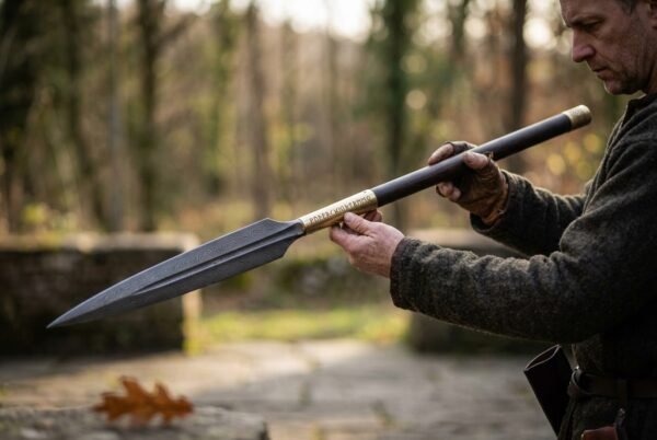 Damascus steel leaf blade spear with a rune cut brass socket and dark wooden shaft held across the body by a man outdoors