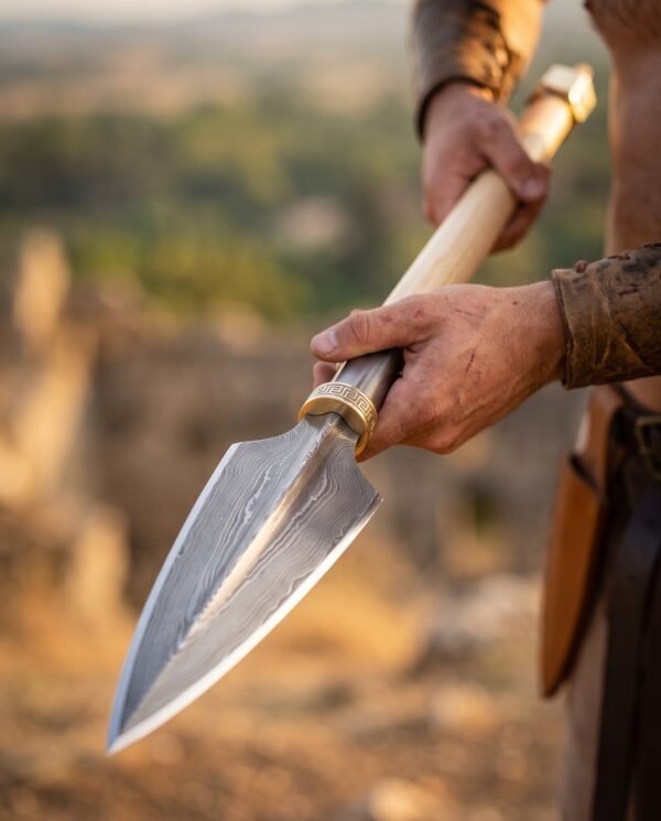 Damascus steel leaf spearhead with knotwork brass collar and ash shaft held in two hands above a sunlit valley