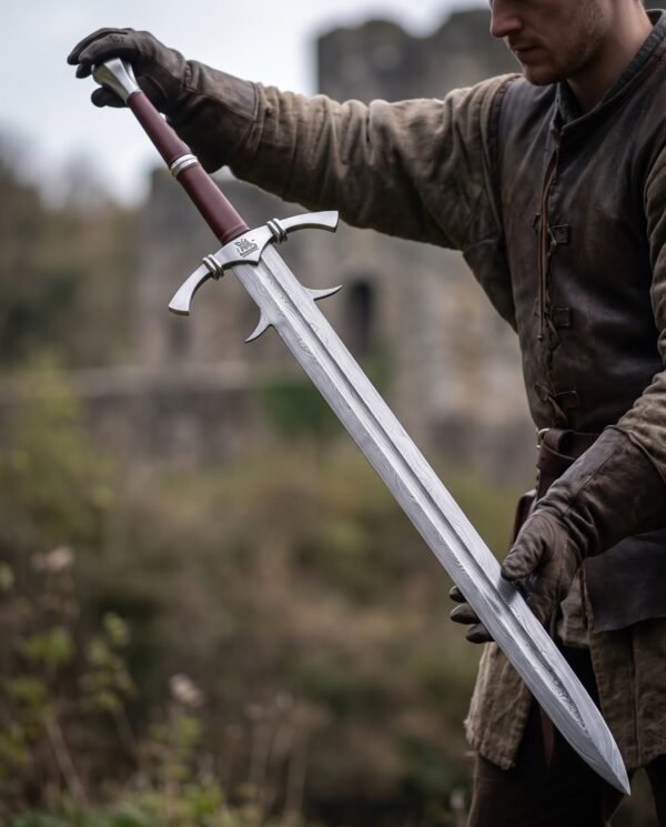 Damascus steel longsword with barbed guard held point down in gloved hands by a man before castle ruins